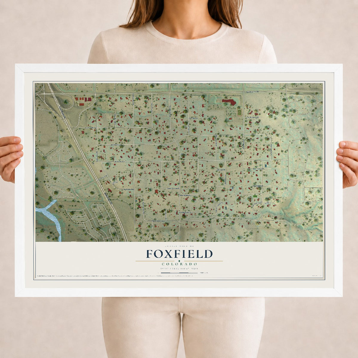 Map of Foxfield, Colorado, 18 x 24 inch print in a white wood frame