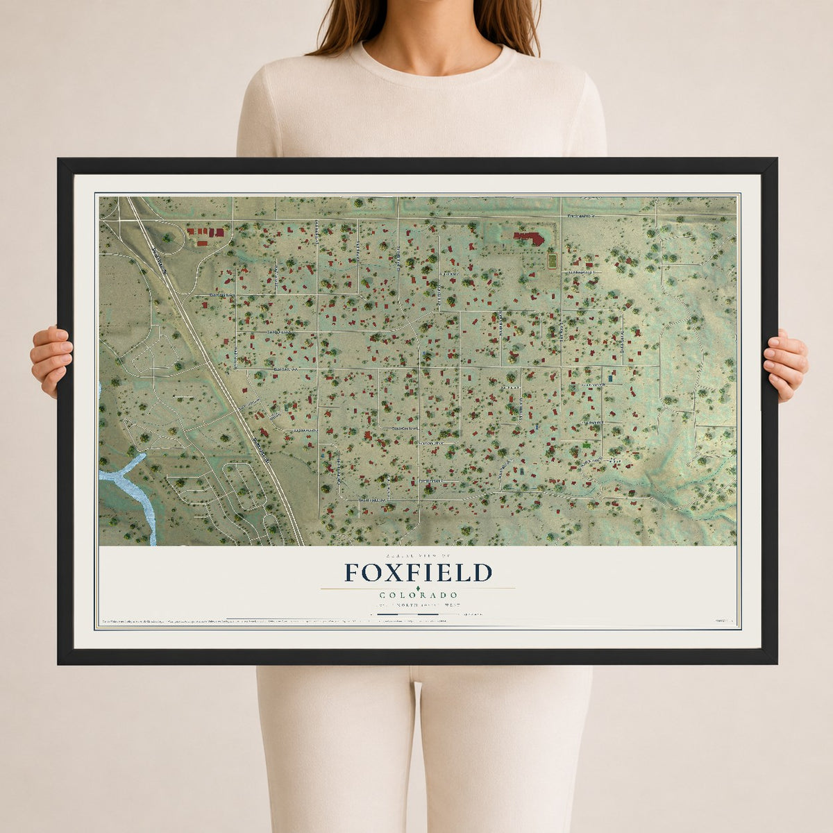 Map of Foxfield, Colorado, 24 x 36 inch print in a black wood frame