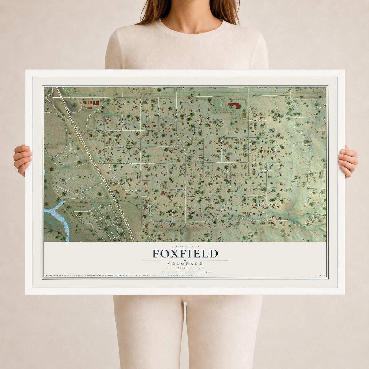 Map of Foxfield, Colorado, 24 x 36 inch print in a white wood frame