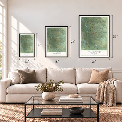 Franktown, Colorado map in 12 x 18, 18 x 24 and 24 x 36 inch sizes above a sofa