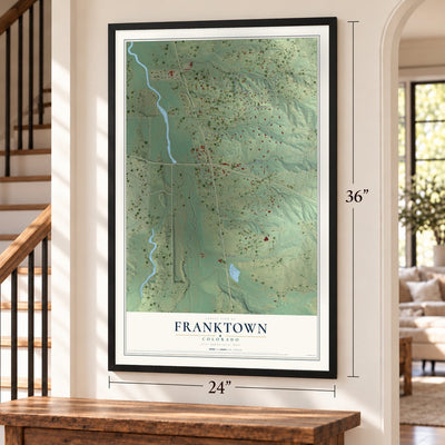Franktown, Colorado map, 24 x 36 inch print in a black frame by a staircase