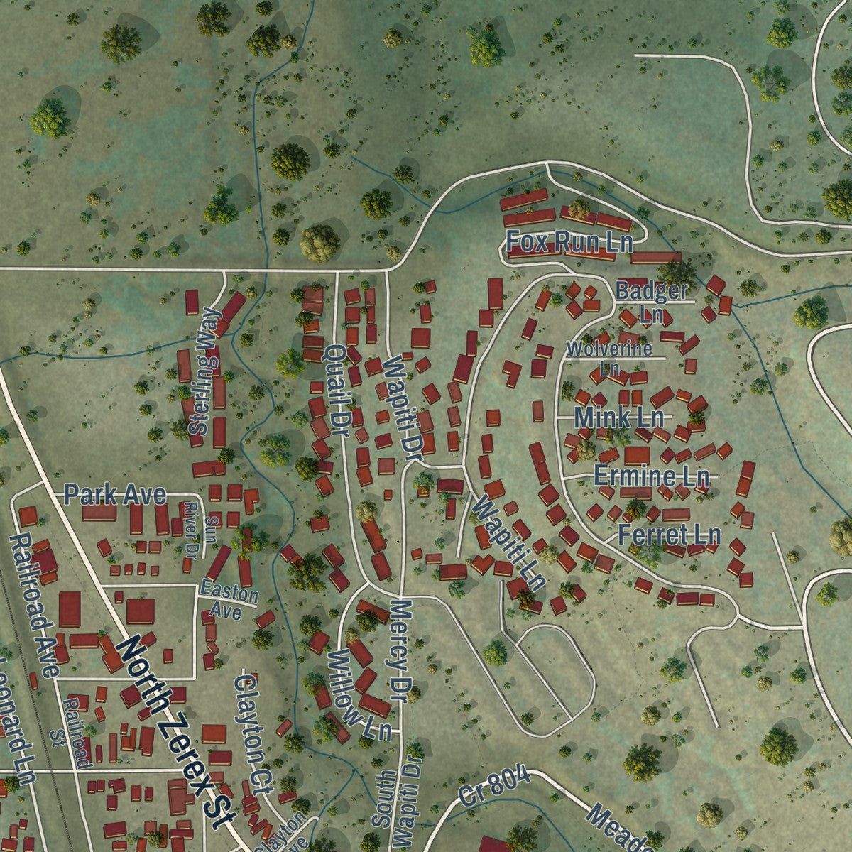Close-up of the map of Fraser, Colorado print showing street and building detail