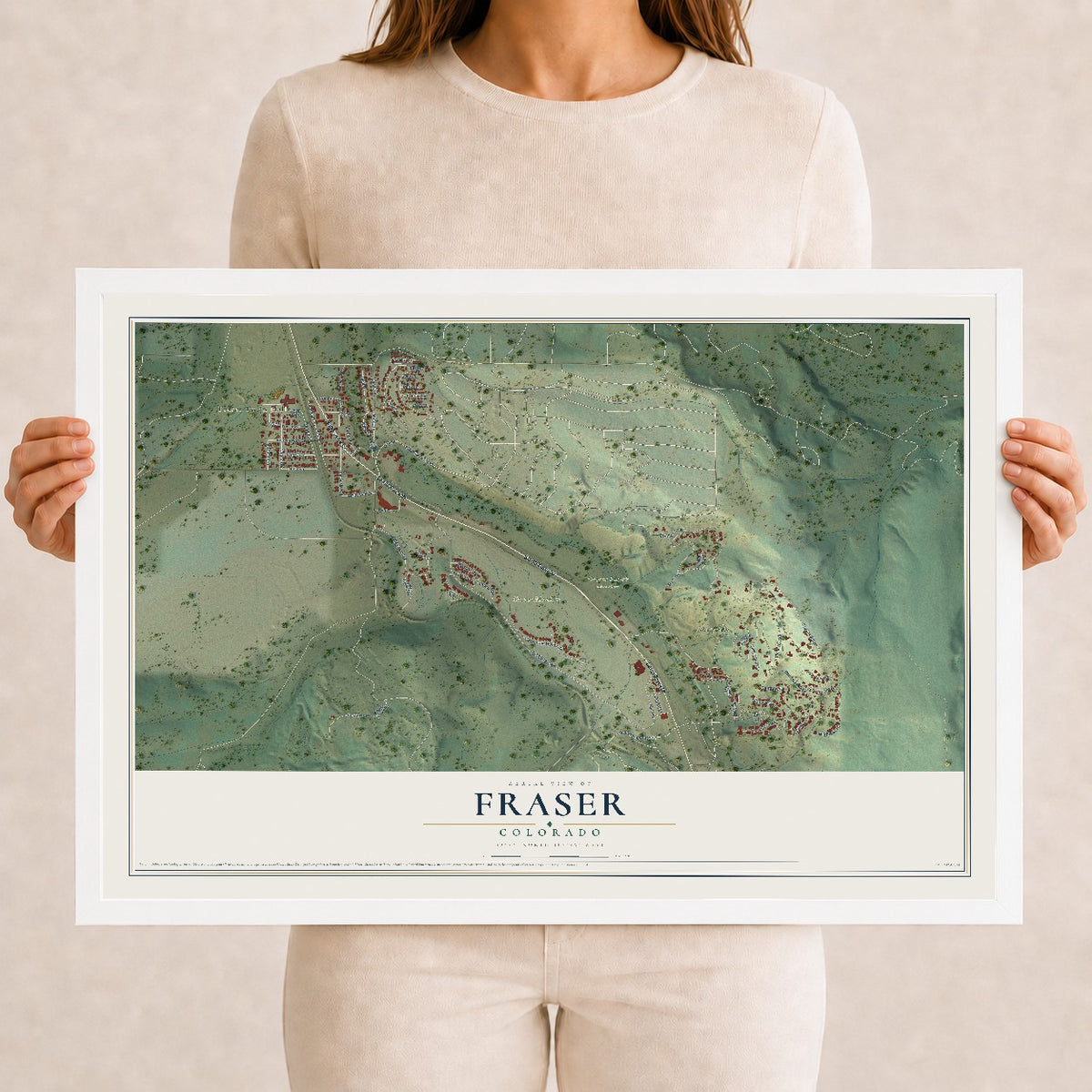 Map of Fraser, Colorado, 12 x 18 inch print in a white wood frame