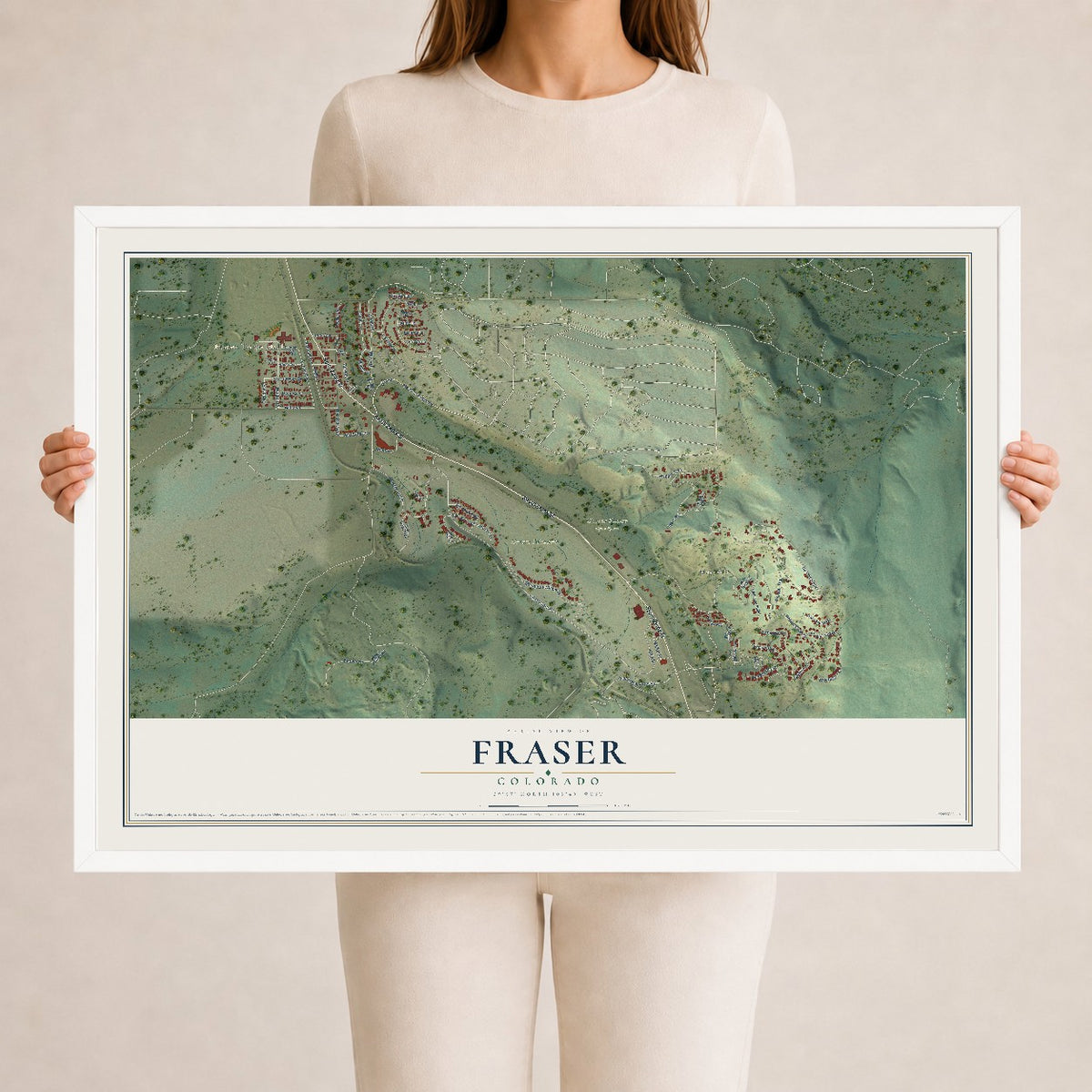 Map of Fraser, Colorado, 24 x 36 inch print in a white wood frame