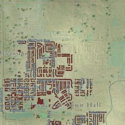 Close-up of the map of Frederick, Colorado print showing street and building detail