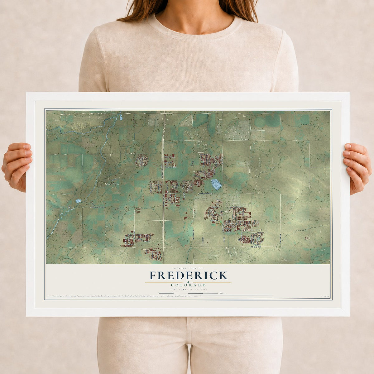 Map of Frederick, Colorado, 12 x 18 inch print in a white wood frame