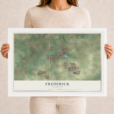 Map of Frederick, Colorado, 12 x 18 inch print in a white wood frame
