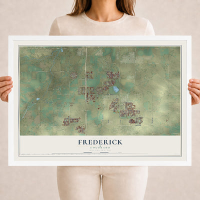 Map of Frederick, Colorado, 18 x 24 inch print in a white wood frame