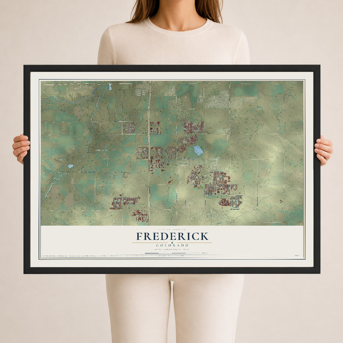 Map of Frederick, Colorado, 24 x 36 inch print in a black wood frame