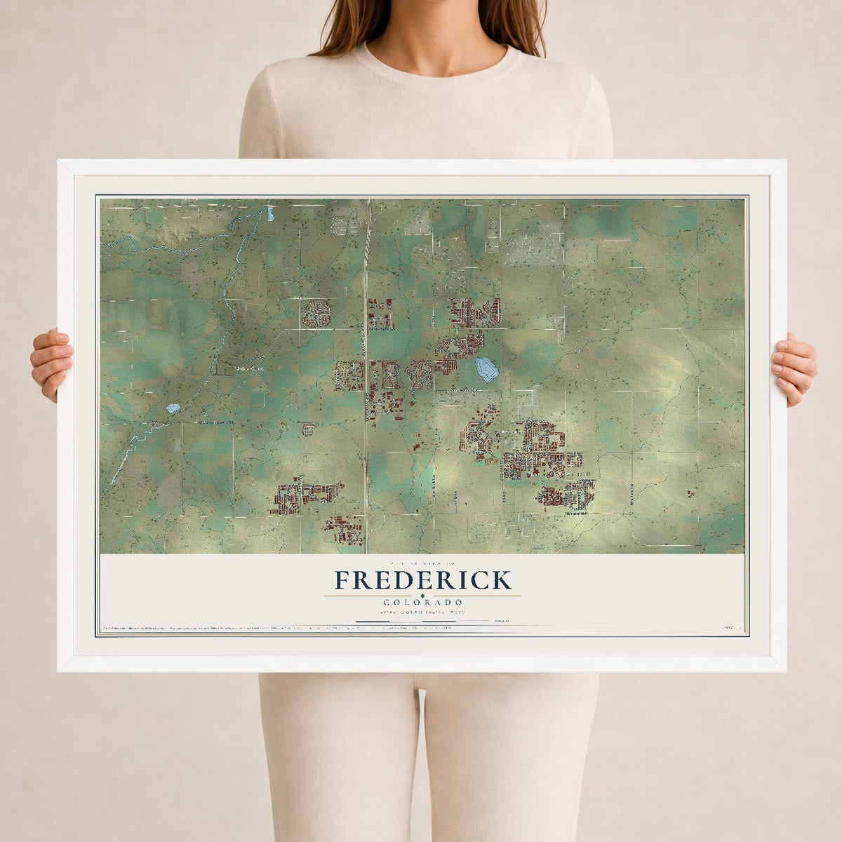 Map of Frederick, Colorado, 24 x 36 inch print in a white wood frame