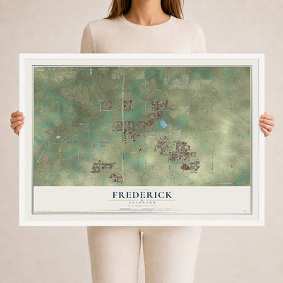 Map of Frederick, Colorado, 24 x 36 inch print in a white wood frame