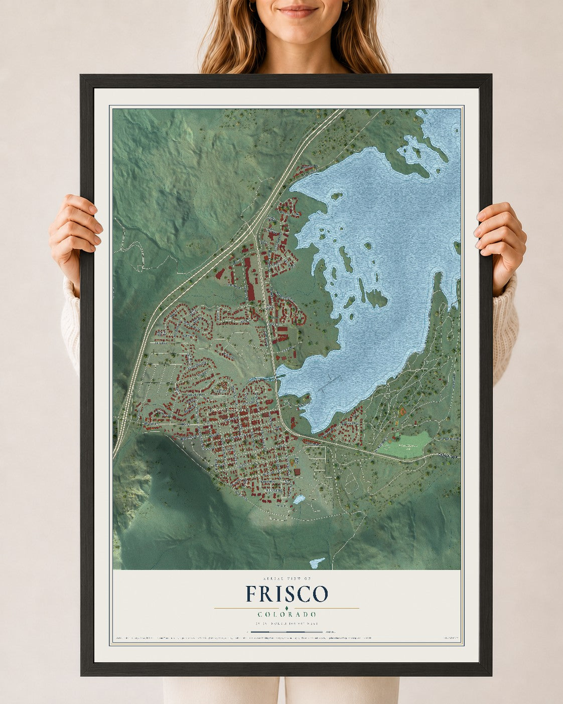 Map of Frisco, Colorado, 24 x 36 inch print in a black wood frame