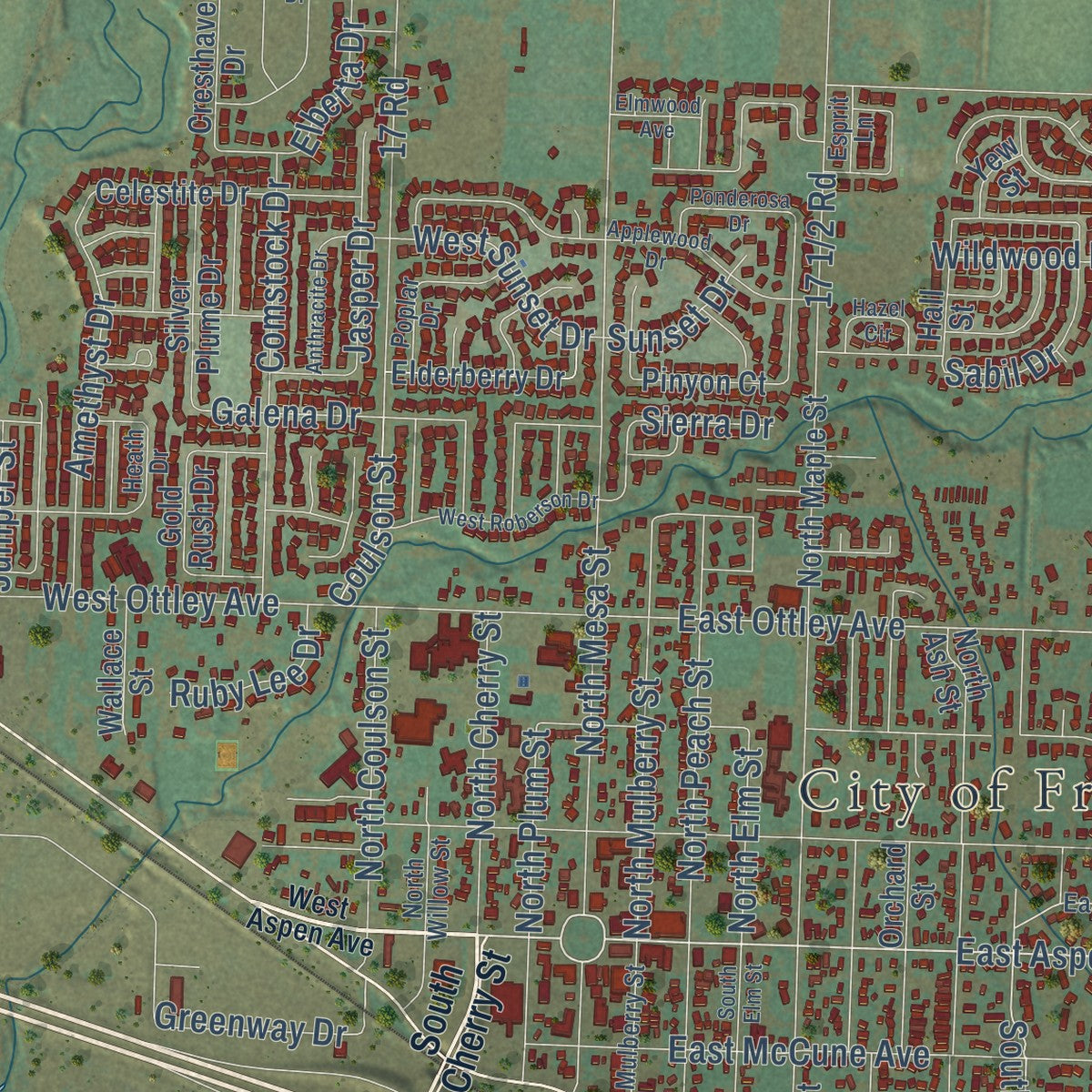 Close-up of the map of Fruita, Colorado print showing street and building detail