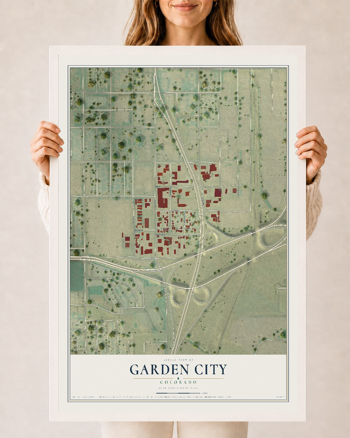 Map of Garden City, Colorado, 24 x 36 inch print in a white wood frame