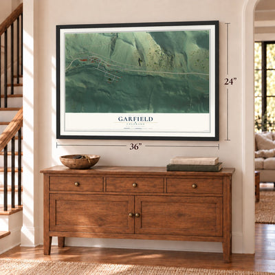 Garfield, Colorado map, 24 x 36 inch print in a black frame above a dresser by a staircase