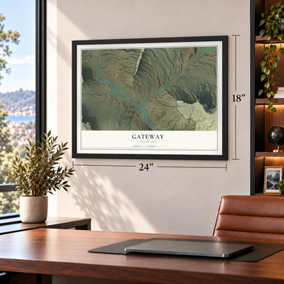 Gateway, Colorado map, 18 x 24 inch print in a black frame in a home office