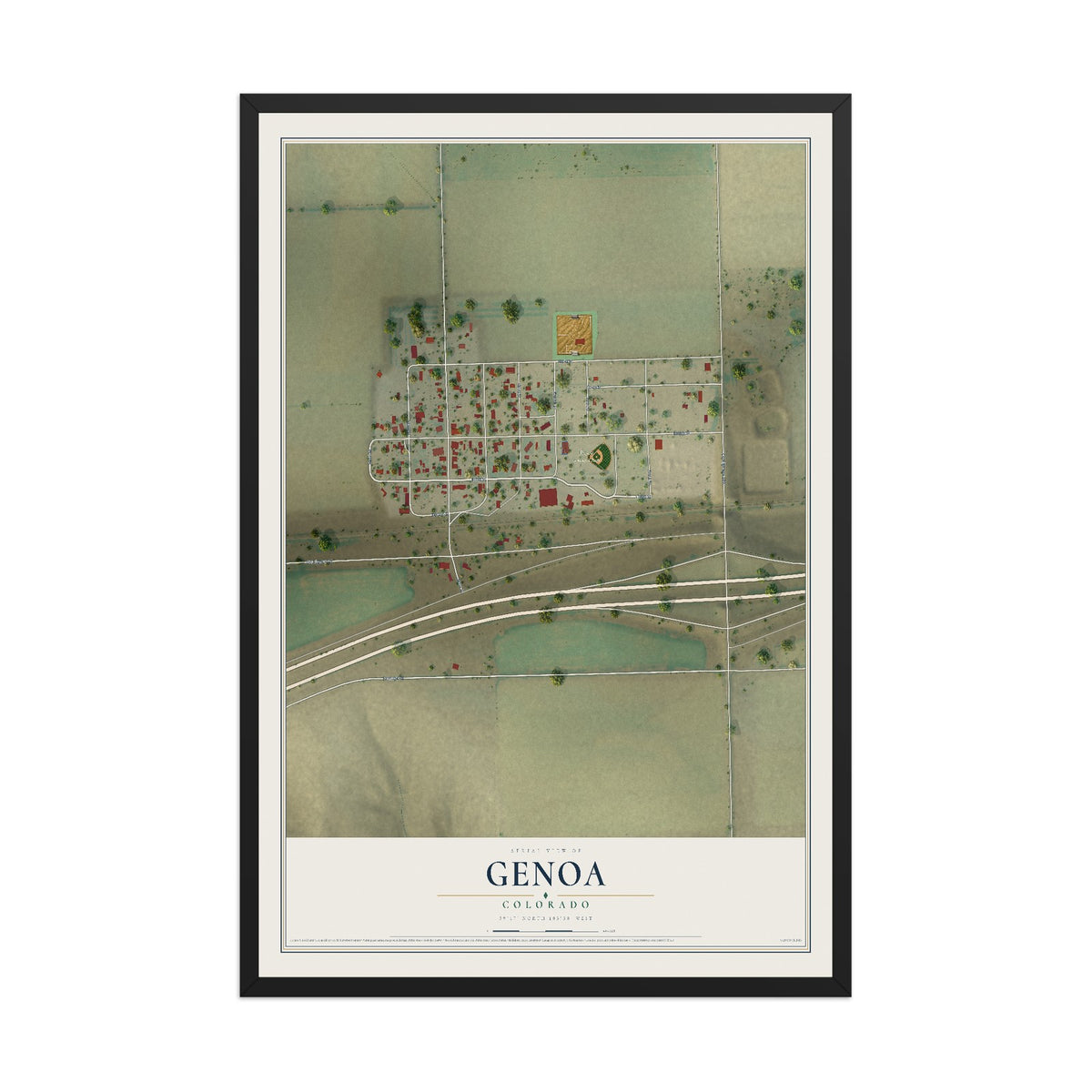 Map of Genoa, Colorado, 12 x 18 inch print in a black wood frame