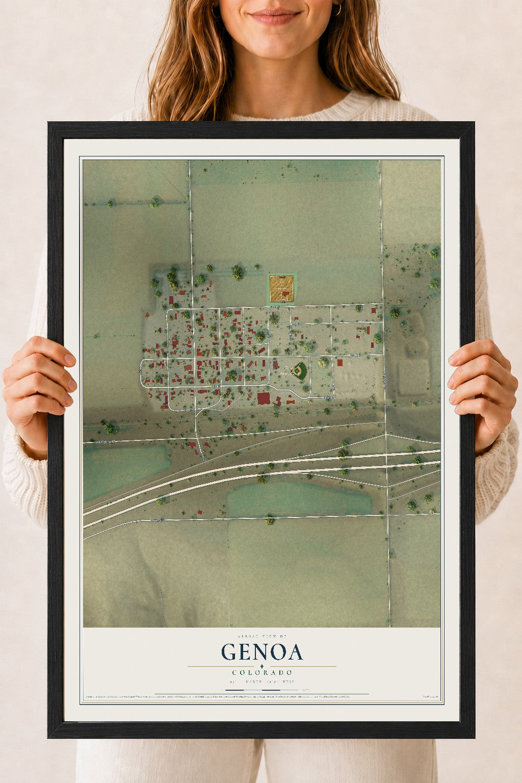 Map of Genoa, Colorado, 18 x 24 inch print in a black wood frame