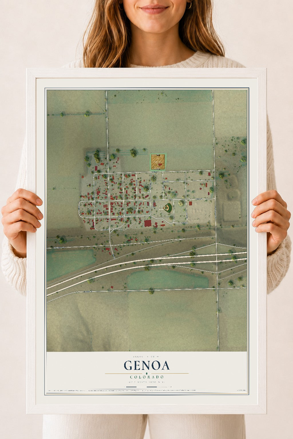 Map of Genoa, Colorado, 18 x 24 inch print in a white wood frame