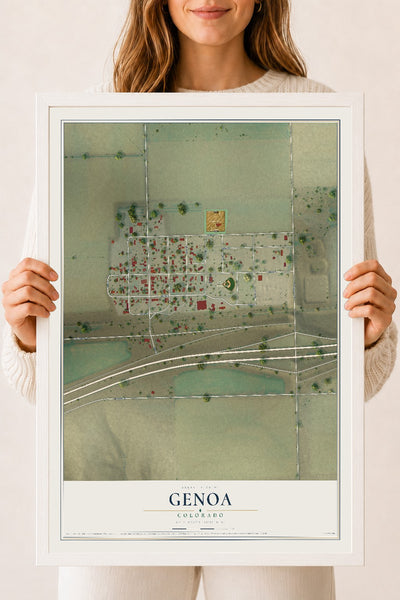 Map of Genoa, Colorado, 18 x 24 inch print in a white wood frame