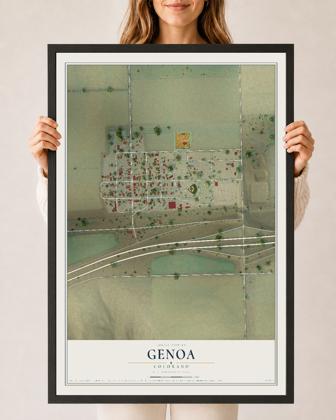 Map of Genoa, Colorado, 24 x 36 inch print in a black wood frame