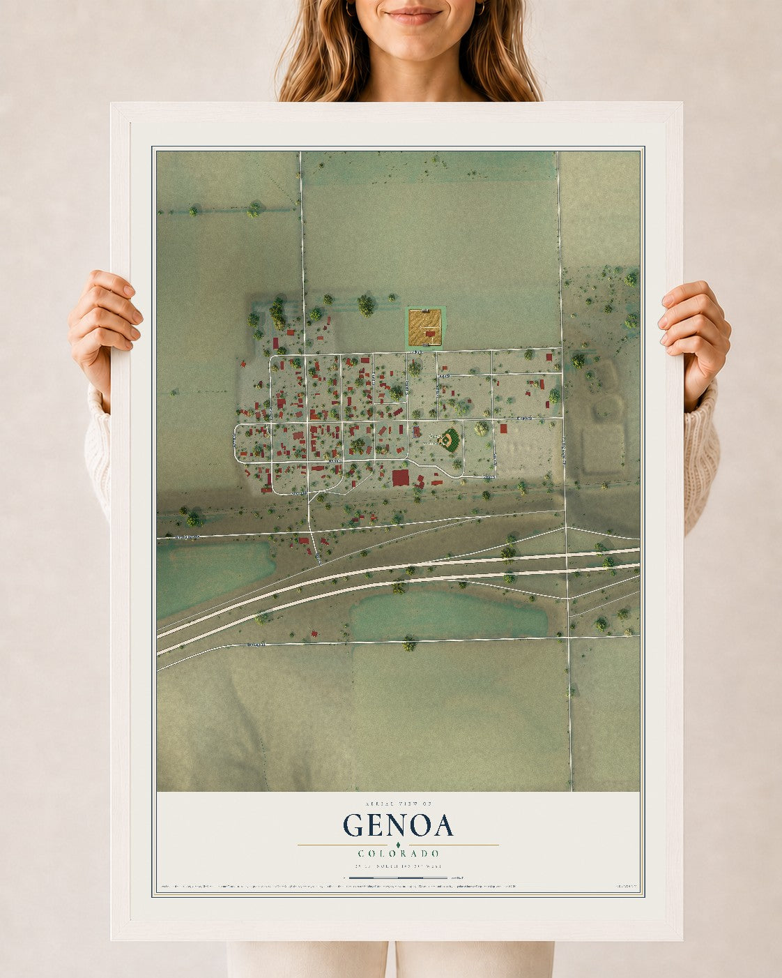 Map of Genoa, Colorado, 24 x 36 inch print in a white wood frame
