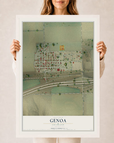 Map of Genoa, Colorado, 24 x 36 inch print in a white wood frame