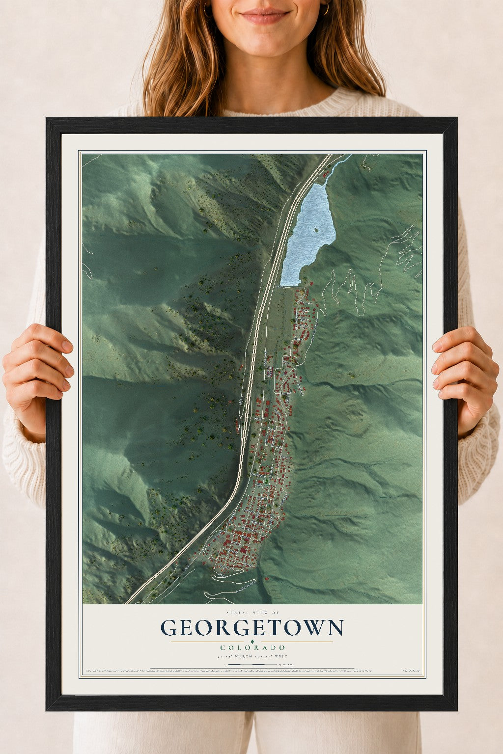 Map of Georgetown, Colorado, 18 x 24 inch print in a black wood frame