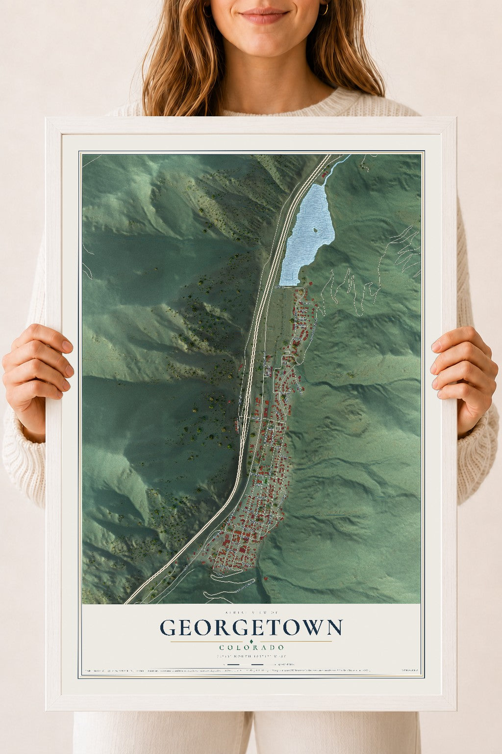 Map of Georgetown, Colorado, 18 x 24 inch print in a white wood frame
