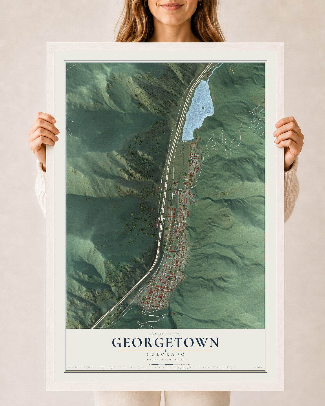 Map of Georgetown, Colorado, 24 x 36 inch print in a white wood frame