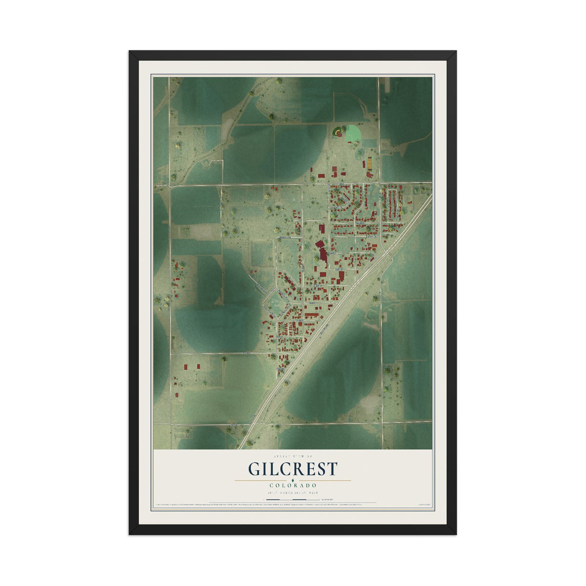 Map of Gilcrest, Colorado, 12 x 18 inch print in a black wood frame