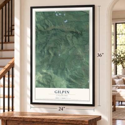 Gilpin, Colorado map, 24 x 36 inch print in a black frame by a staircase