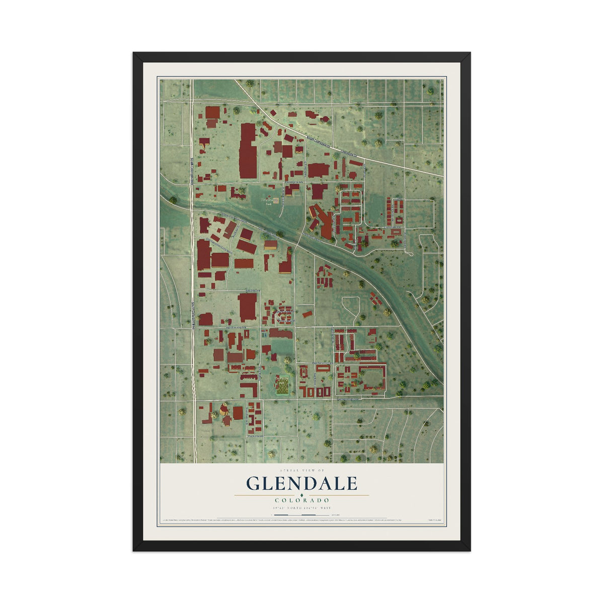 Map of Glendale, Colorado, 12 x 18 inch print in a black wood frame