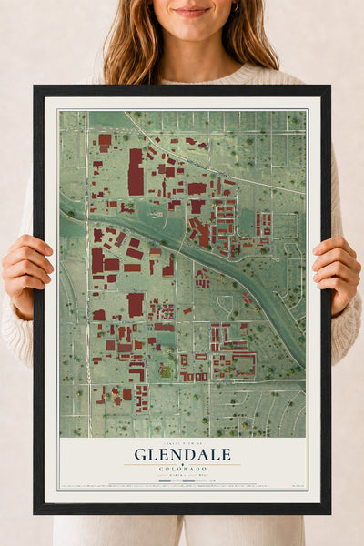 Map of Glendale, Colorado, 18 x 24 inch print in a black wood frame