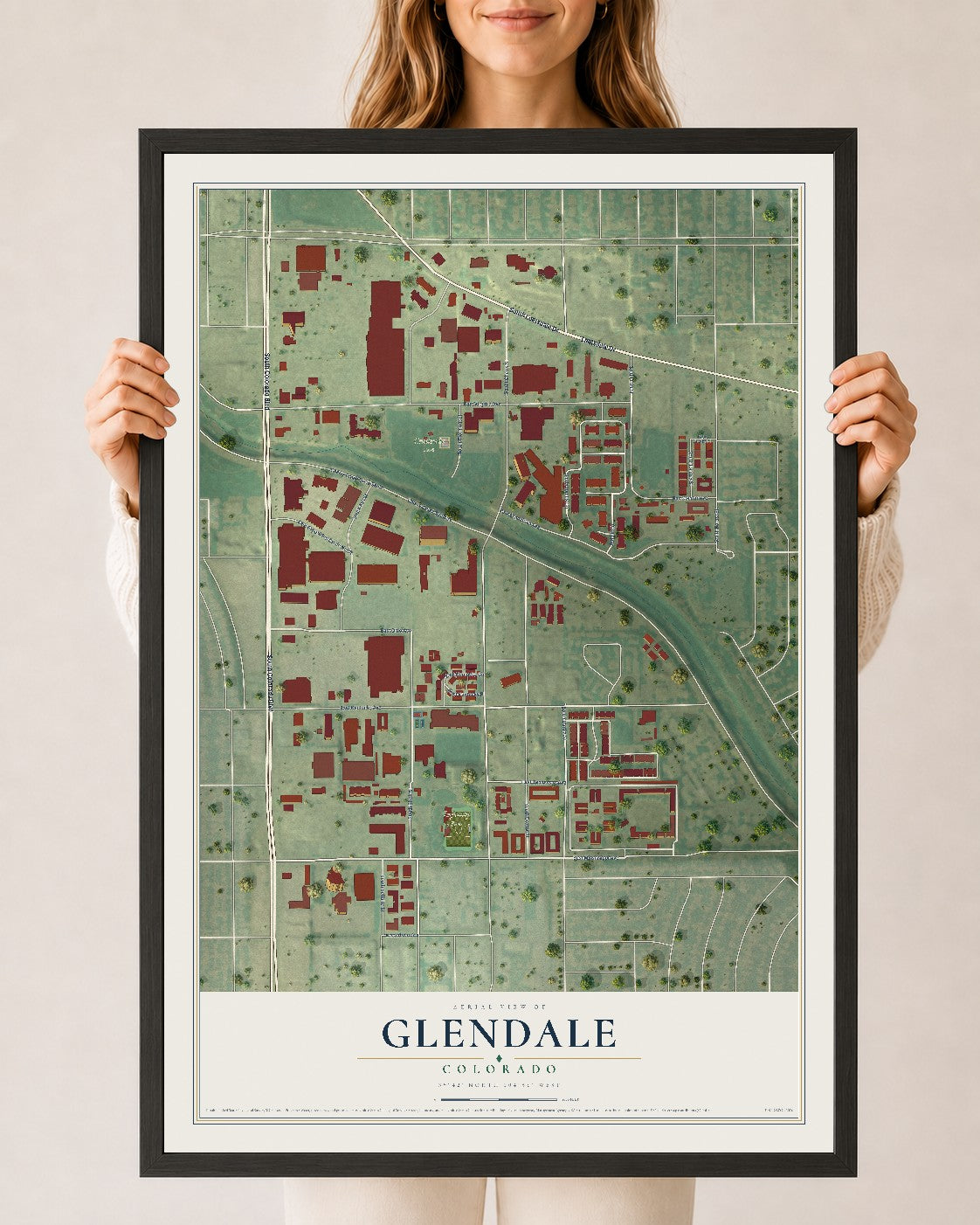 Map of Glendale, Colorado, 24 x 36 inch print in a black wood frame