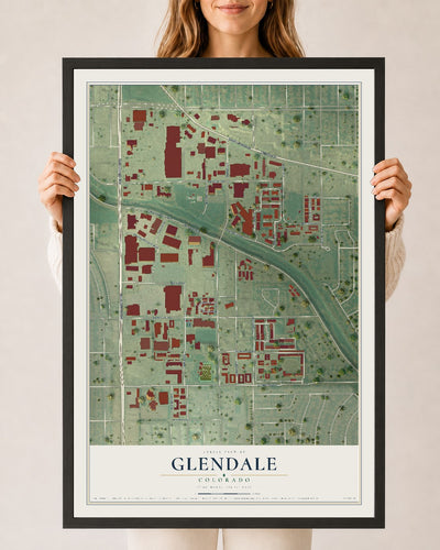 Map of Glendale, Colorado, 24 x 36 inch print in a black wood frame