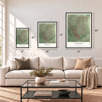 Gleneagle, Colorado map in 12 x 18, 18 x 24 and 24 x 36 inch sizes above a sofa
