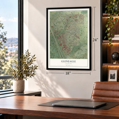 Gleneagle, Colorado map, 18 x 24 inch print in a black frame in a home office