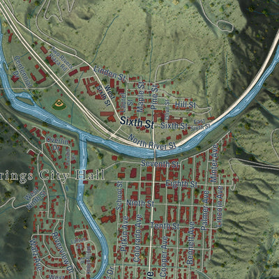 Close-up of the map of Glenwood Springs, Colorado print showing street and building detail