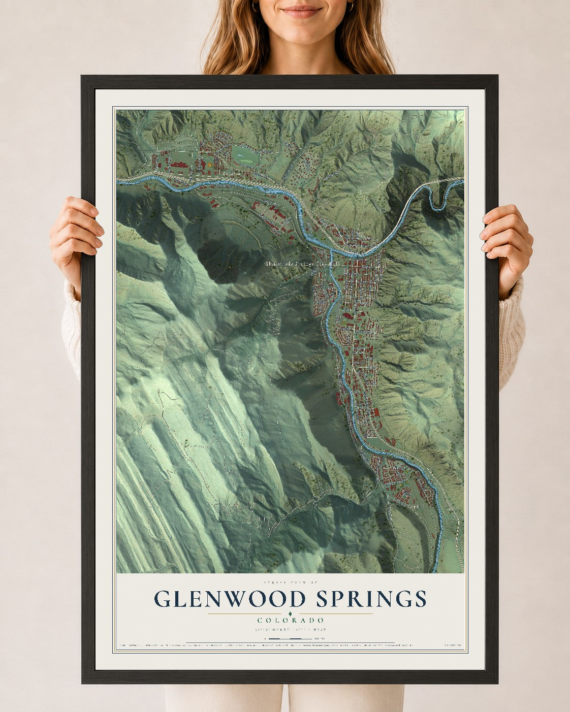 Map of Glenwood Springs, Colorado, 24 x 36 inch print in a black wood frame
