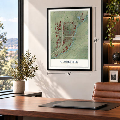 Globeville, Colorado map, 18 x 24 inch print in a black frame in a home office