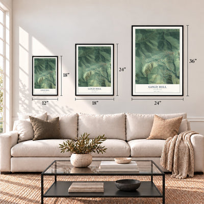 Gold Hill, Colorado map in 12 x 18, 18 x 24 and 24 x 36 inch sizes above a sofa