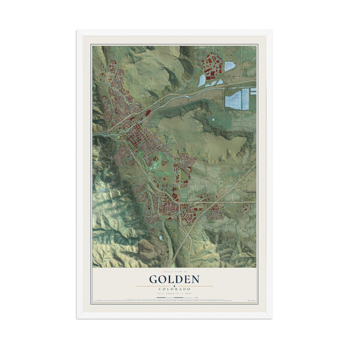 Map of Golden, Colorado, 12 x 18 inch print in a white wood frame