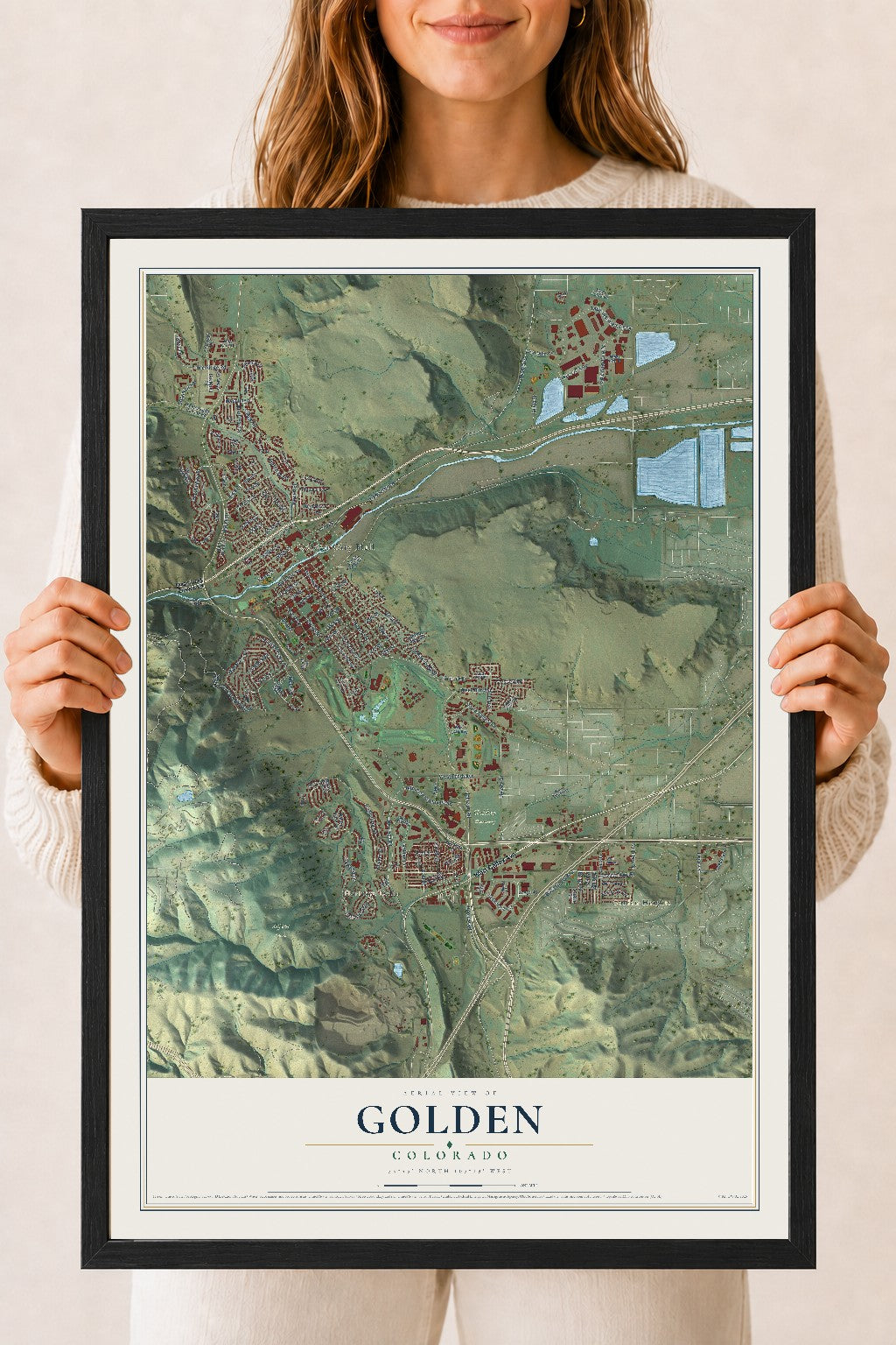 Map of Golden, Colorado, 18 x 24 inch print in a black wood frame