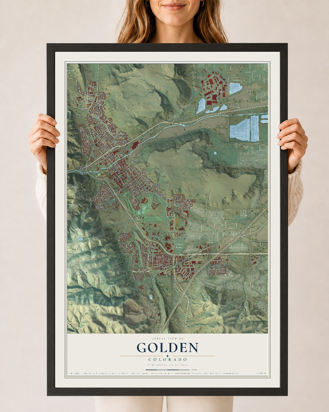 Map of Golden, Colorado, 24 x 36 inch print in a black wood frame