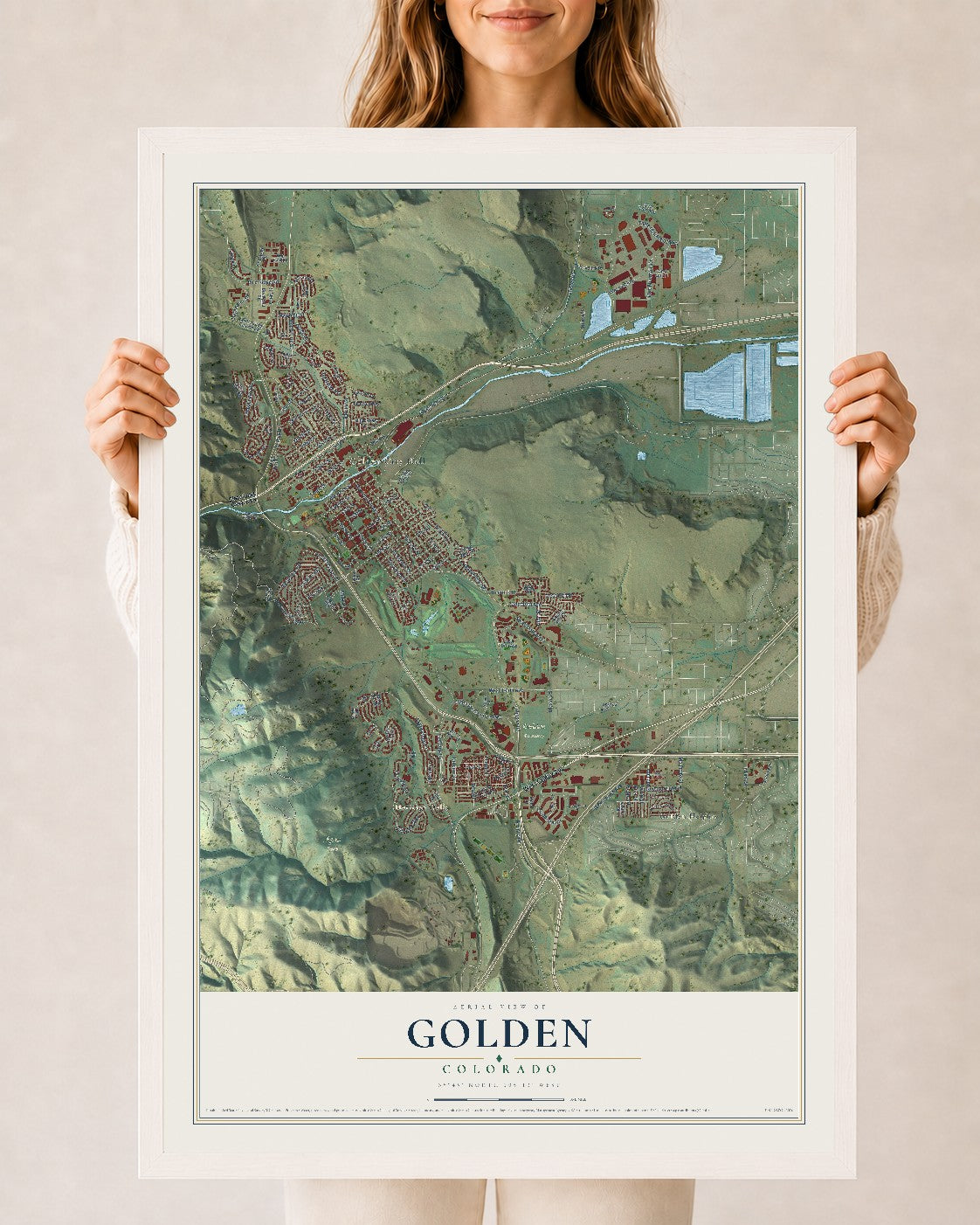 Map of Golden, Colorado, 24 x 36 inch print in a white wood frame