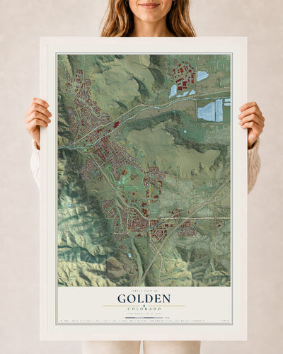 Map of Golden, Colorado, 24 x 36 inch print in a white wood frame