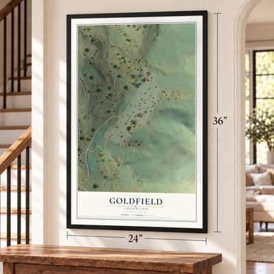 Goldfield, Colorado map, 24 x 36 inch print in a black frame by a staircase