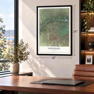 Goodnight, Colorado map, 18 x 24 inch print in a black frame in a home office