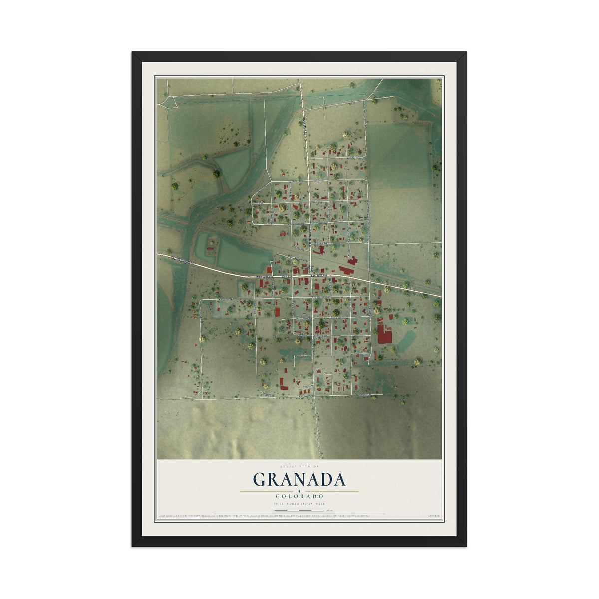 Map of Granada, Colorado, 12 x 18 inch print in a black wood frame